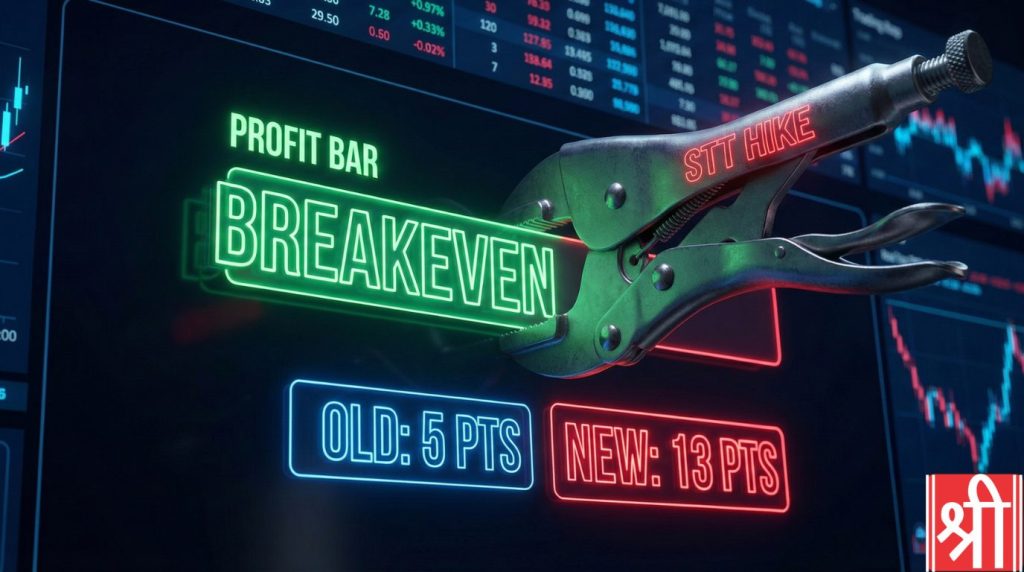 A close-up 3D render of a digital trading screen where a mechanical vice-grip labeled 'STT Hike' is squeezing a 'Profit Bar,' highlighting the breakeven point shift from 5 points to 13 points in Nifty Futures.
