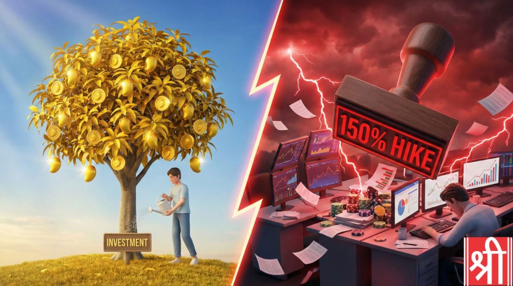 mango tree with gold coin fruits (Long-term Investment), while the right side shows a frantic trader under a red lightning storm and a '150% Hike' stamp (Speculation).