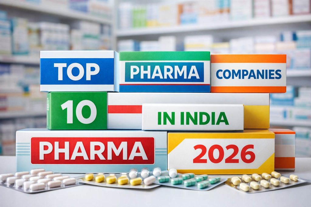 Top 10 pharma stocks in India for 2026 displayed in medicine box style featured image