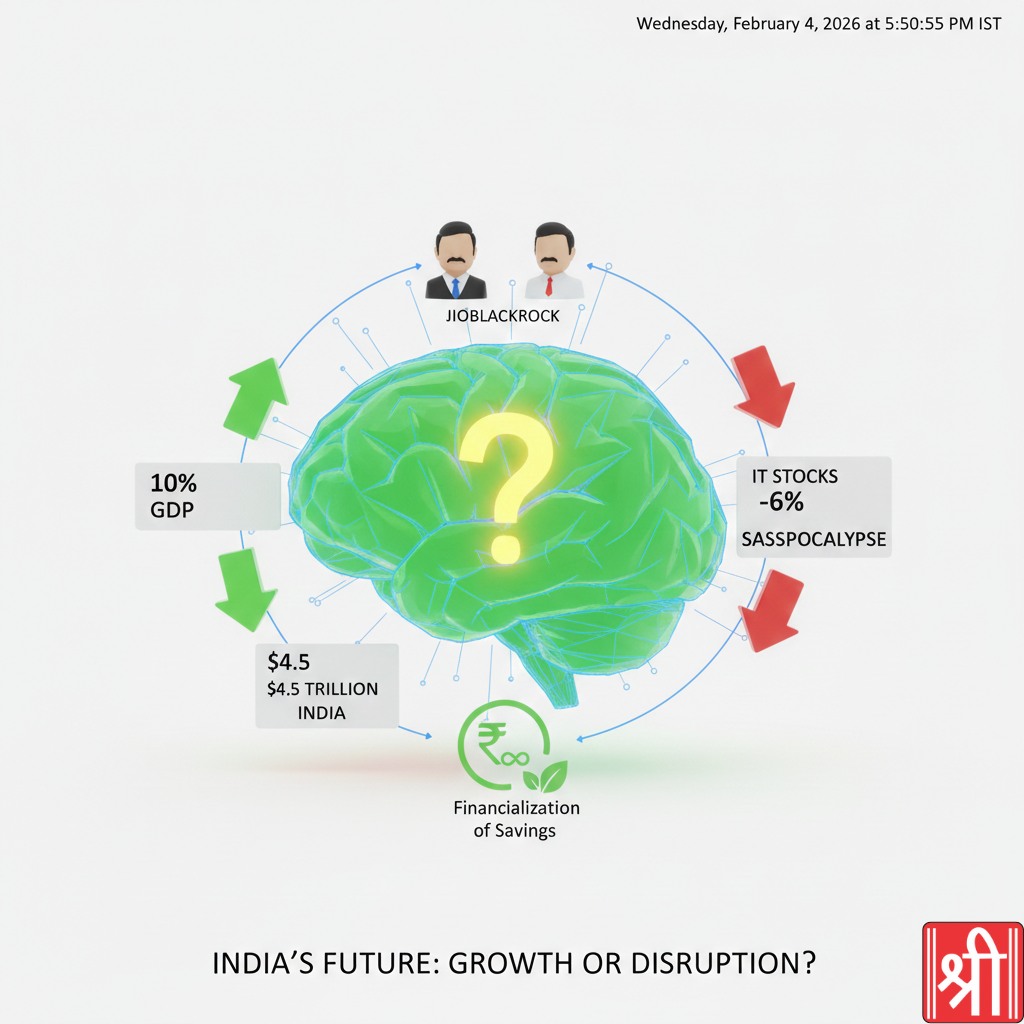 3D financial infographic showing India’s 2026 growth roadmap: a central brain icon linking 10% GDP growth and $4.5 trillion wealth target to the ‘SaaSpocalypse’ IT sector disruption and financialization of savings