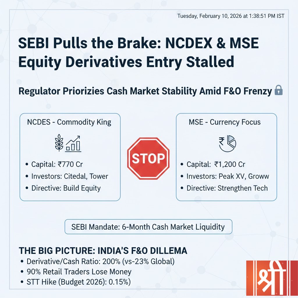 Infographic by Lakshmishree Research titled "SEBI Pulls the Brake: NCDEX & MSE Equity Derivatives Entry Stalled." Compares NCDEX and MSE strategies, highlighting SEBI's 6-month cash market liquidity mandate and the 200% derivative-to-cash ratio risk in India’s F&O market (Feb 2026).