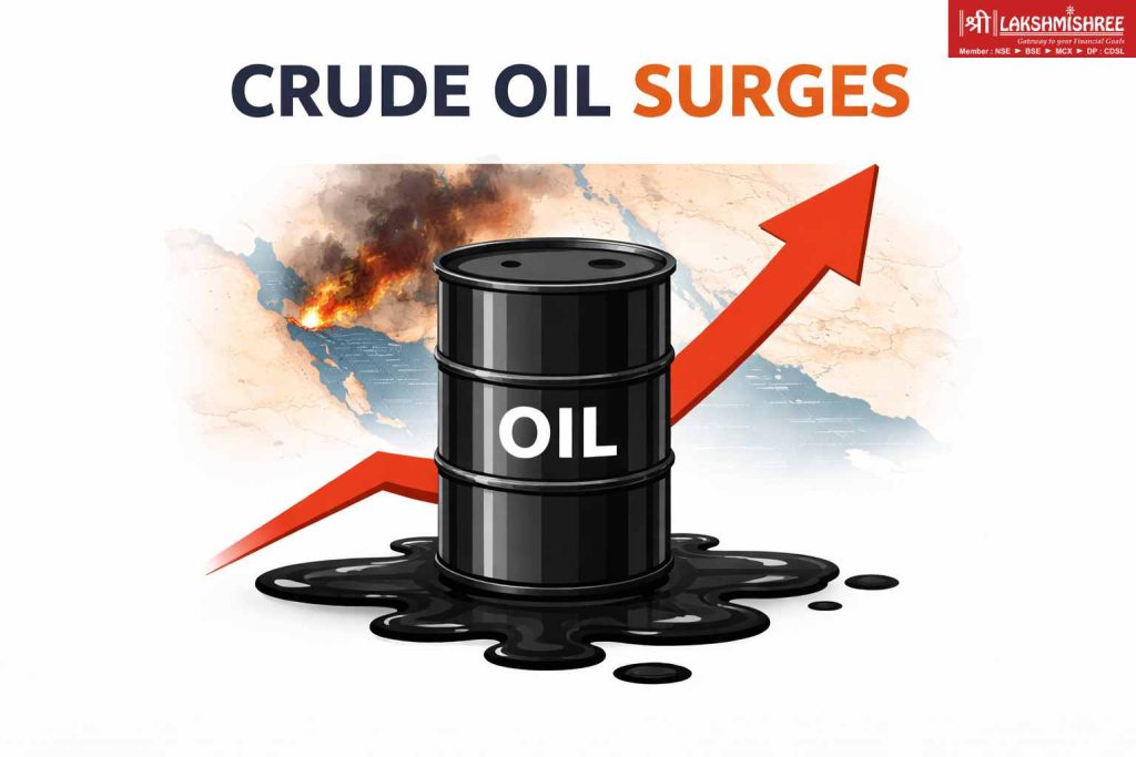 Illustration of a black crude oil barrel labeled “OIL” with a rising red arrow behind it, symbolizing a surge in global oil prices amid geopolitical tensions in West Asia.