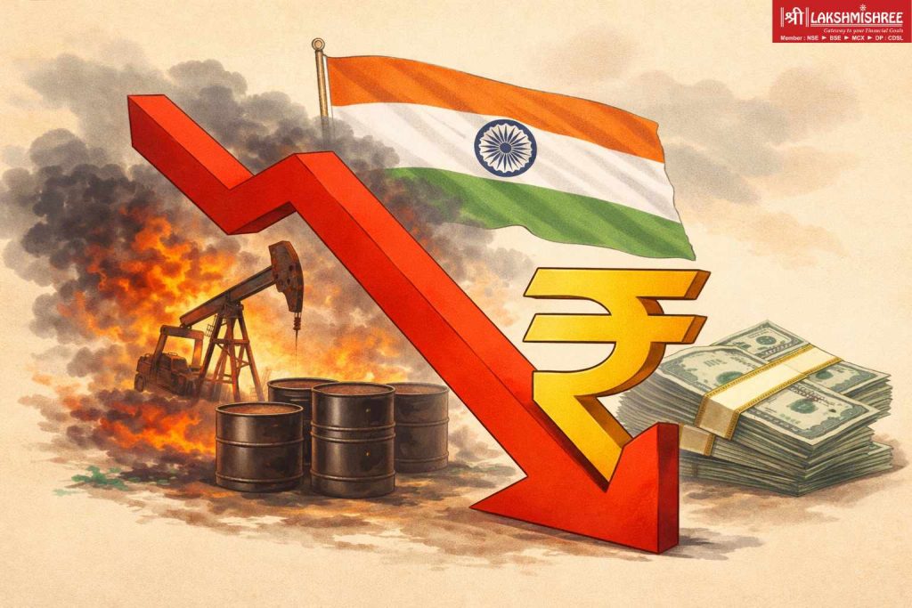 A simple graphic showing a falling rupee symbol with a downward arrow, oil barrels, and a dollar stack representing pressure on India’s currency due to rising oil prices and global tensions.