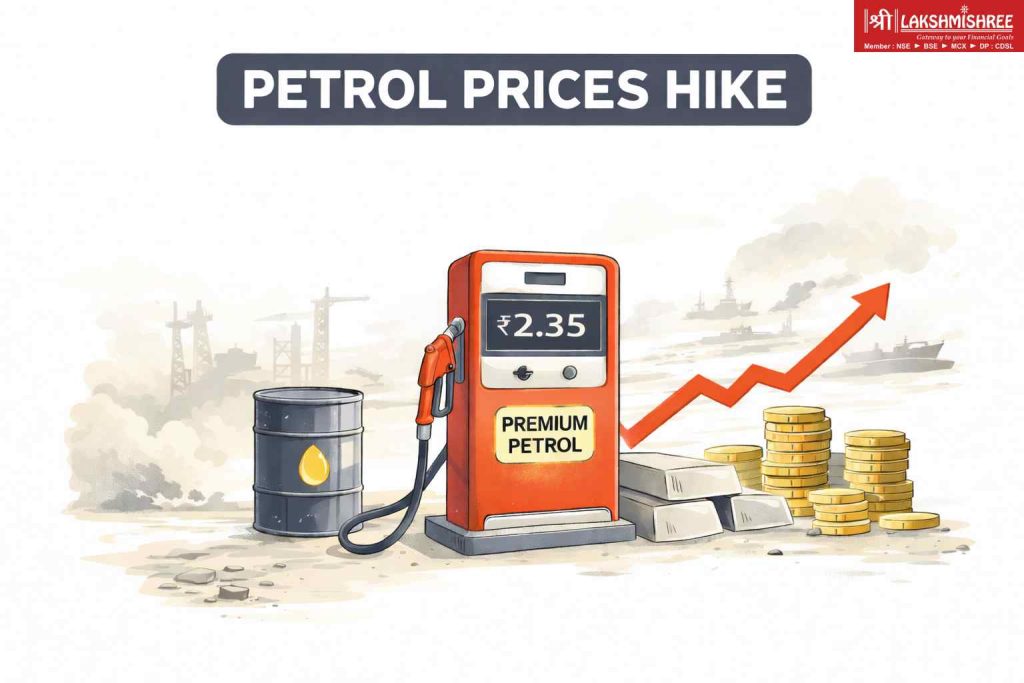 Minimal illustration showing petrol price hike with fuel pump, rising arrow, and cost pressure from global oil disruption.