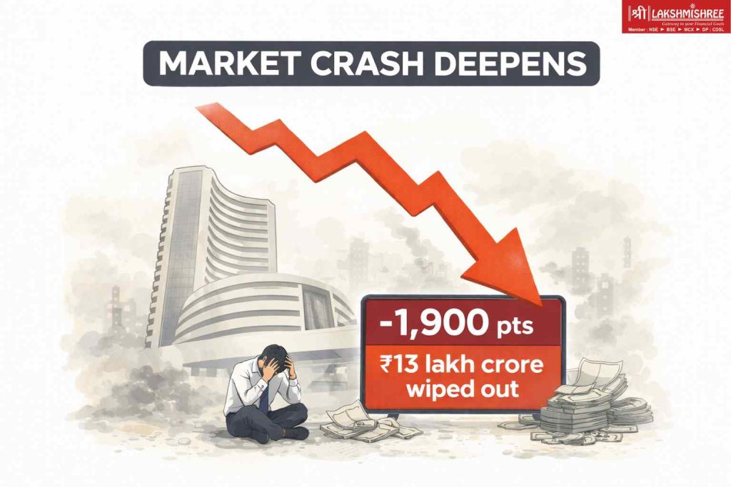 Minimal illustration of stock market crash with falling arrow, Sensex drop and investor distress.