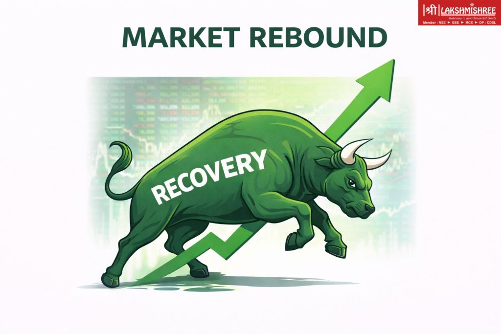 Illustration of a green charging bull with an upward arrow symbolizing the rebound in Indian stock markets as Sensex and Nifty recover from early losses.