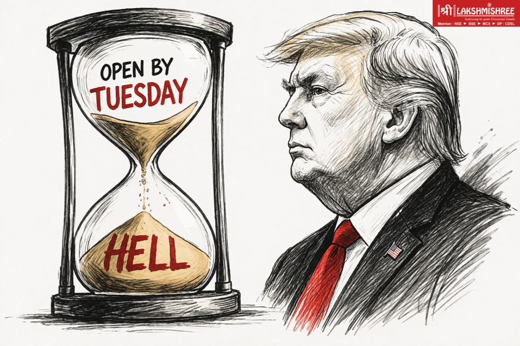 Donald Trump sketch beside hourglass showing “Open by Tuesday” deadline and “Hell” warning in Iran Strait of Hormuz crisis