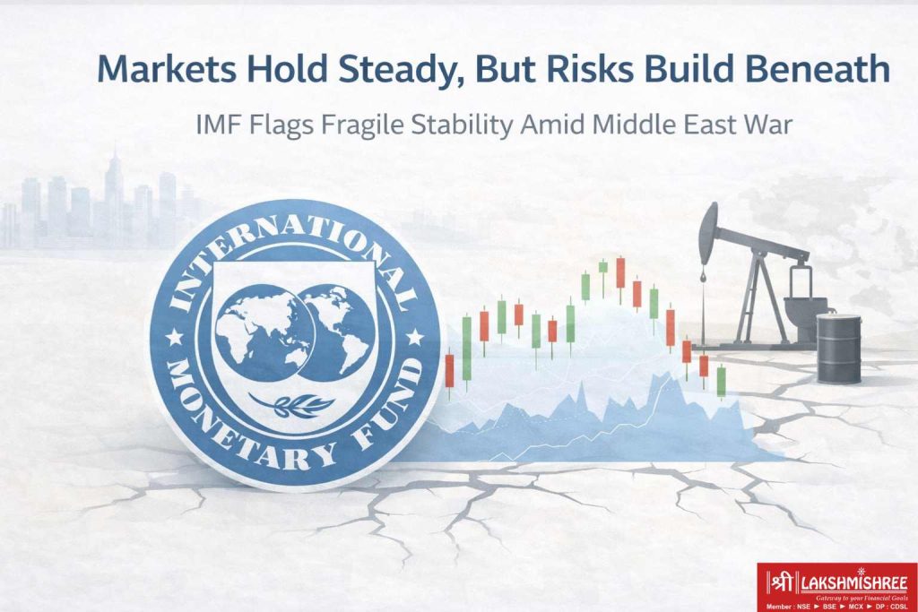 IMF warns of rising global financial risks as markets remain stable amid Middle East conflict, shown through a financial chart and oil pump graphic.