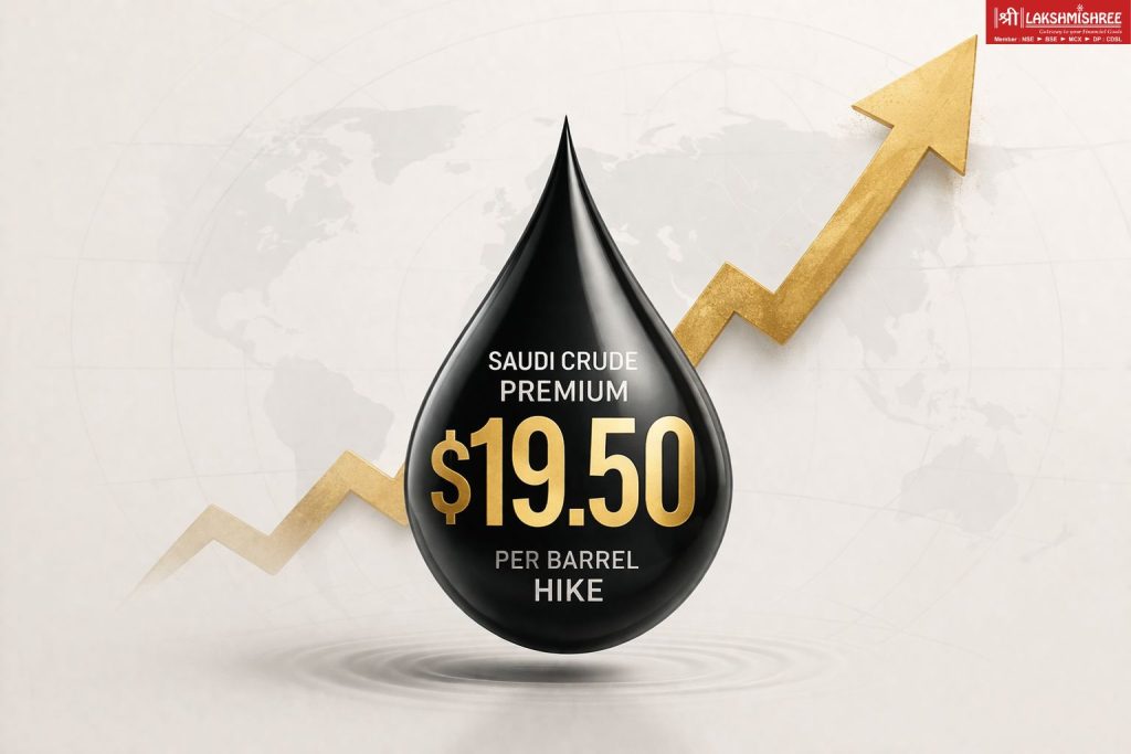 Minimalist oil drop graphic showing $19.50 Saudi crude premium increase