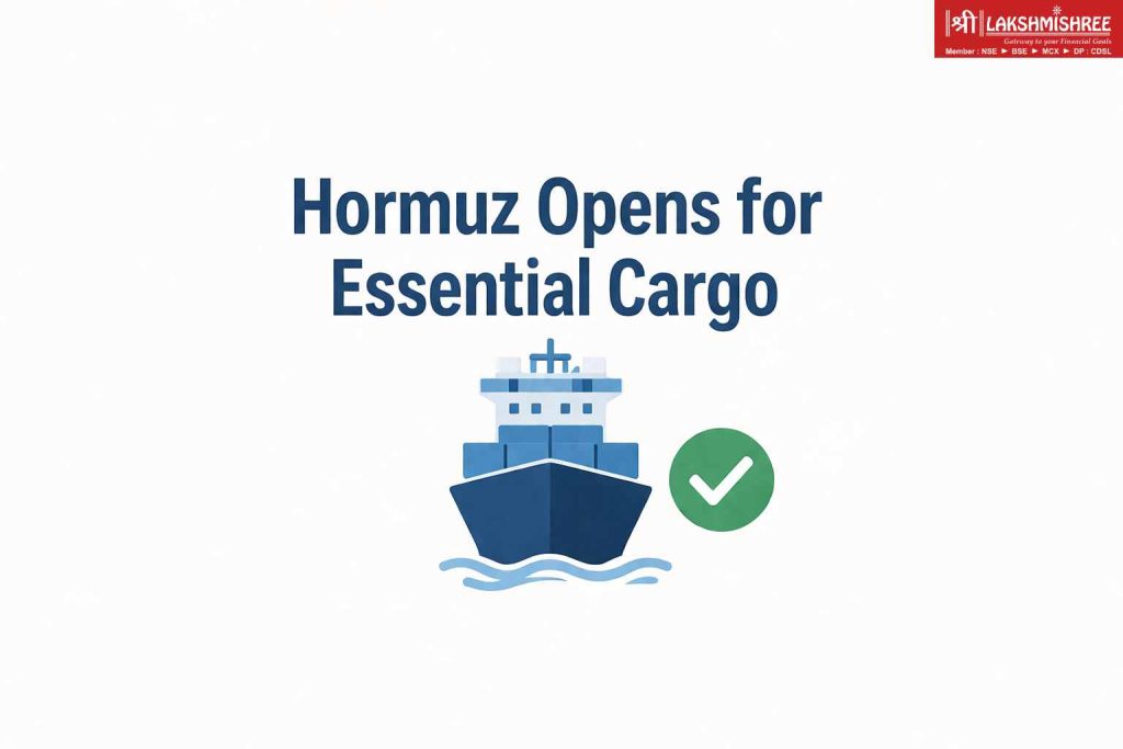 Strait of Hormuz shipping resumes for essential cargo with cargo ship and approval symbol