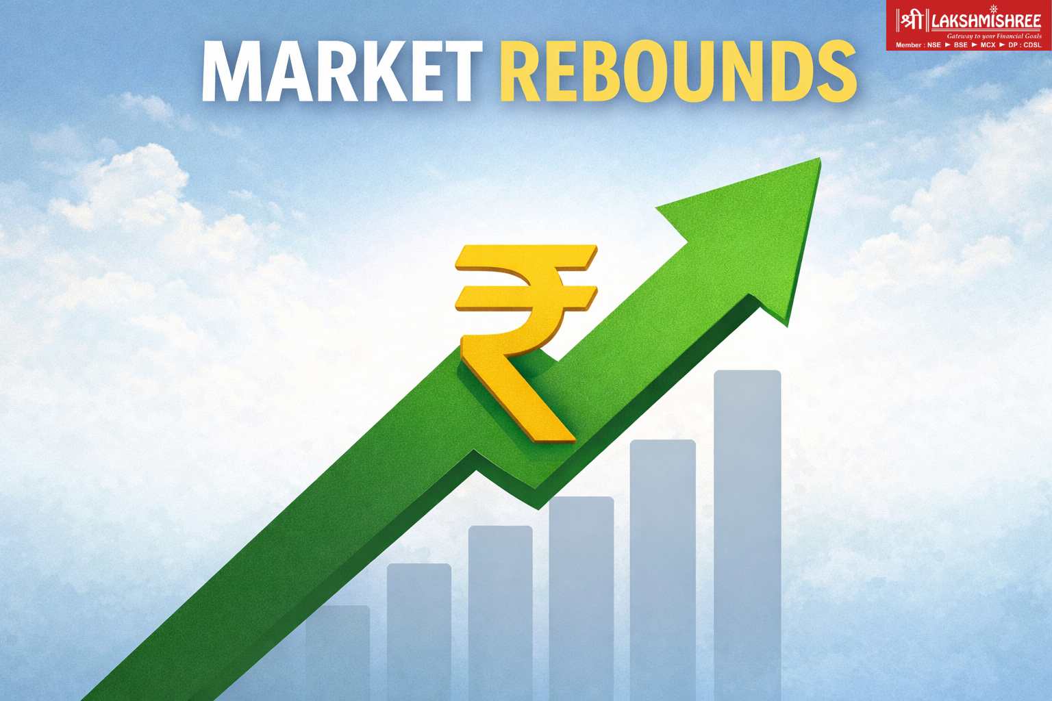 Indian stock market rebound illustration with rupee symbol and upward green arrow representing Sensex and Nifty recovery