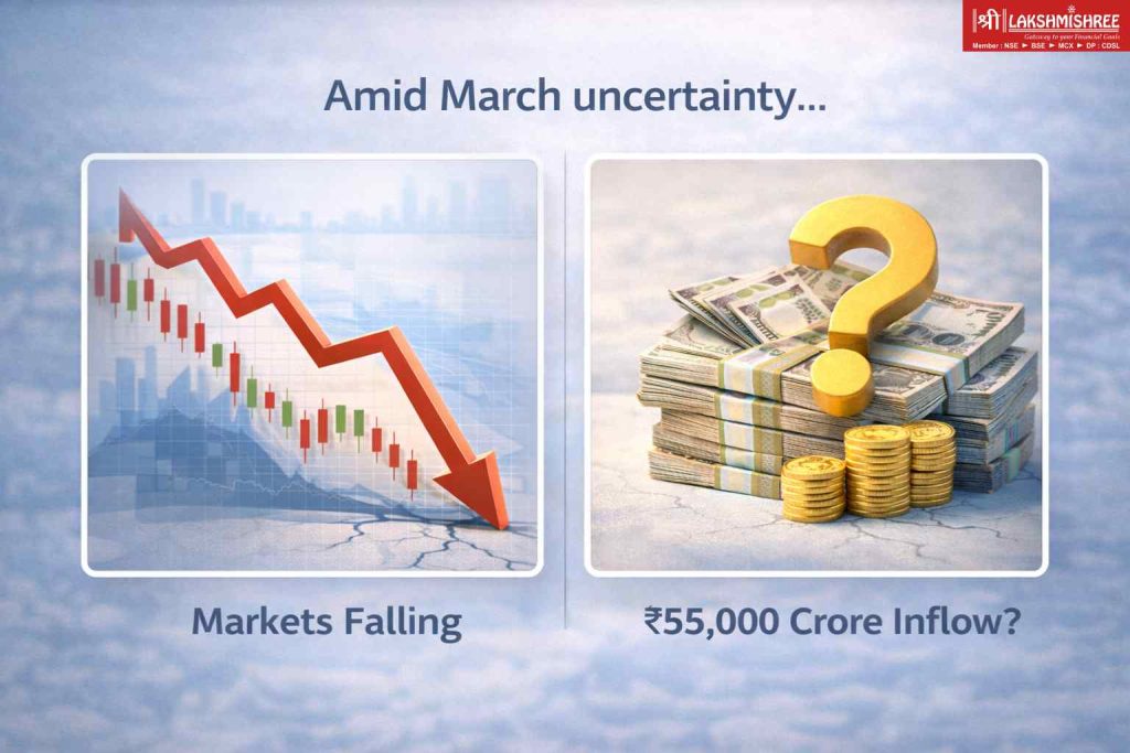 Minimal graphic showing falling stock market trend alongside ₹55,000 crore mutual fund inflow during March volatility.