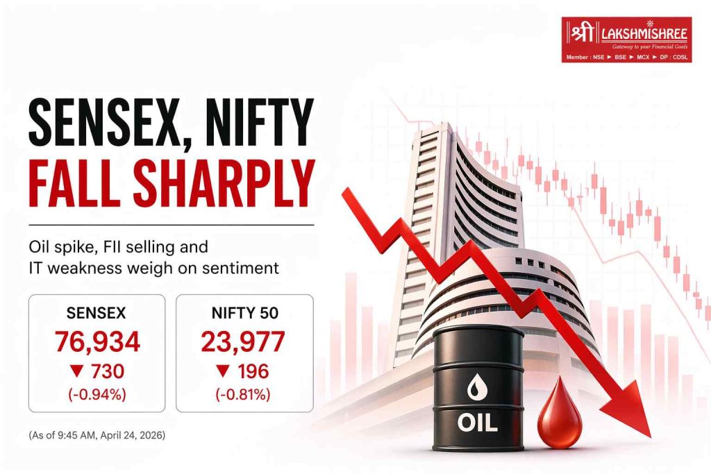 Sensex and Nifty fall sharply with red downward arrow, oil barrel and market chart indicating market decline due to rising crude prices and investor selling