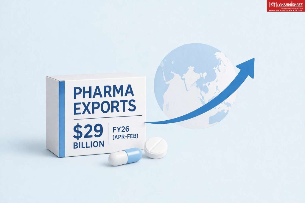 India pharma exports growth concept with medicine element and upward arrow indicating global demand
